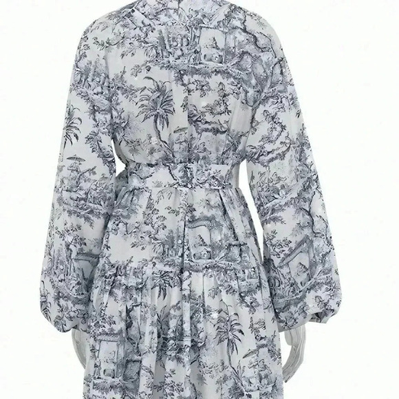 Grey Boho Women's & Elegant Random Print Long Sleeve Tie Waist Loose Dress - Picture 5 of 5